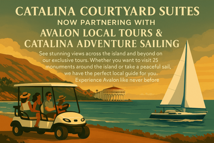 Cartoon showing golf cart, sail boat and Catalina with the casino in the backgroound with ocean