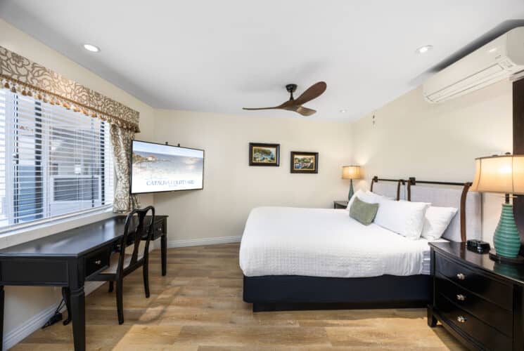 queen size bed with television and desk with chair, featuring ceiling fan wood flooring and catalina art on walls