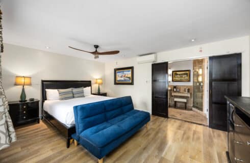 King bed with ceiling fan artwork on the wall. Blue sofa sleeper wood floors and black bed frame.