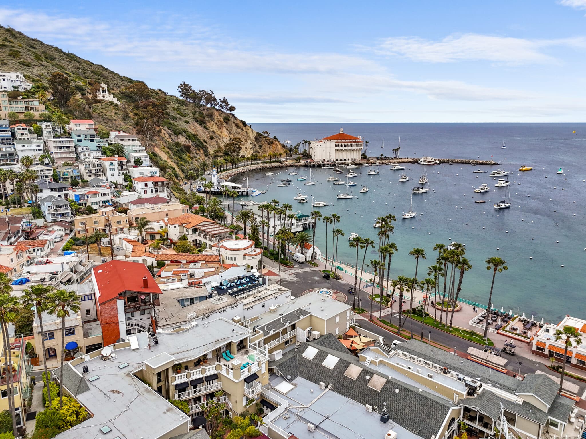Aerial view of Avalon on Catalina Island featuring Catalina Courtyard Suites, the iconic Catalina Casino, Avalon harbor with anchored boats and yachts, and a cruise ship offshore. The vibrant village includes shops, restaurants, and hotels near Avalon beach and waterfront. Ideal Catalina Island lodging location for travelers seeking ocean views, beach access, and proximity to island attractions.