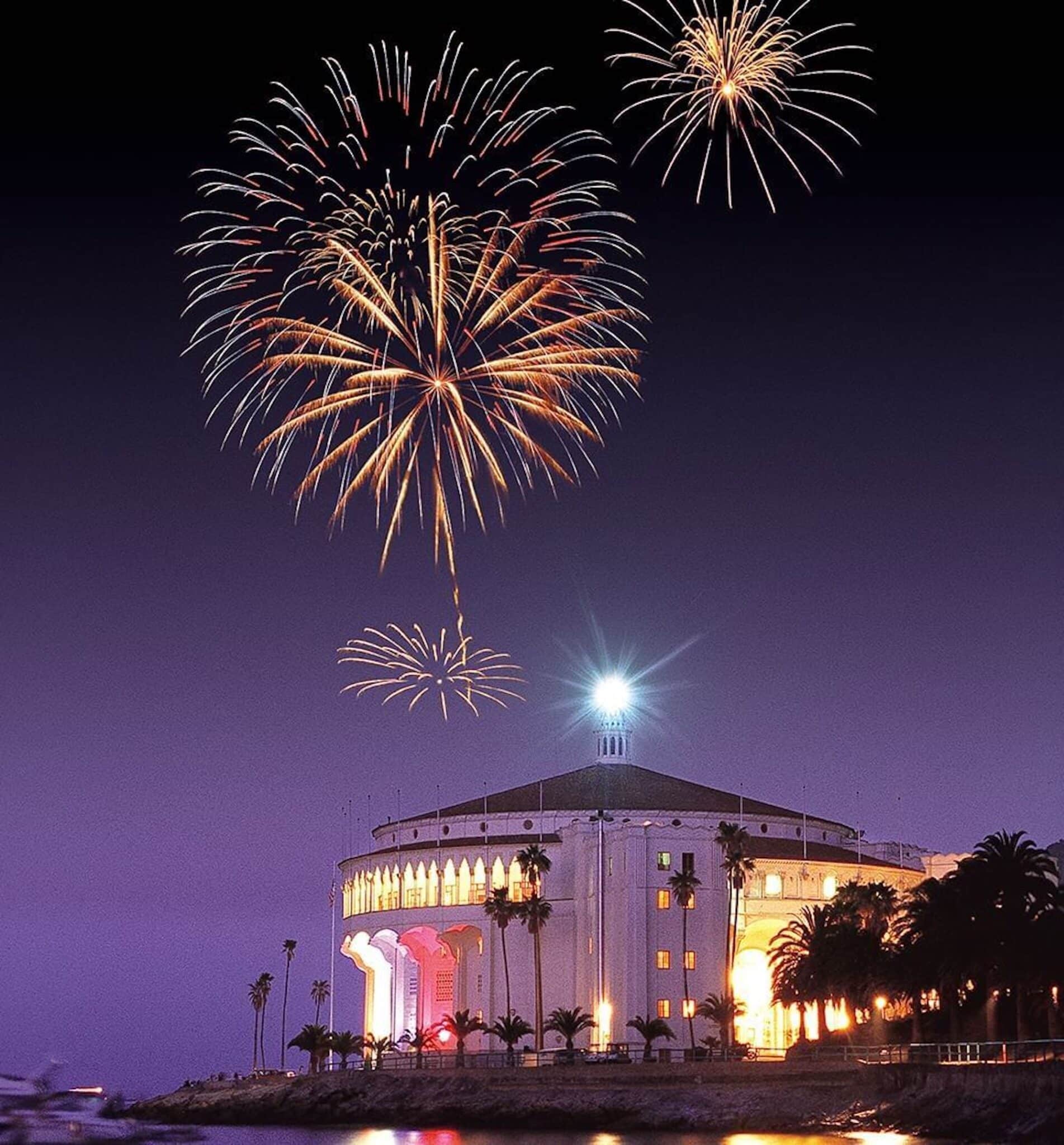 4th of July fireworks over Catalina Casino in Avalon, Catalina Island, with night sky and waterfront views.