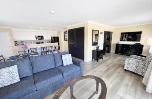 Living space with couch, coffee table, and kitchen with full-size fridge, microwave, stove top with oven and coffee maker