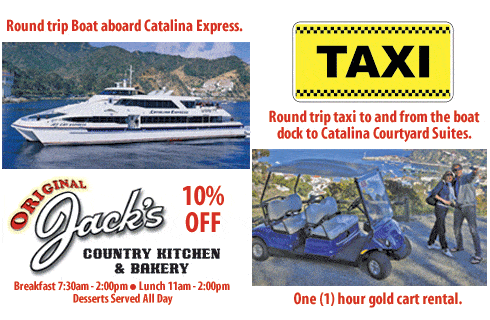 Collage of a 10% off Original Jacks restaurant, a yacht, a golf cart, and the text TAXI